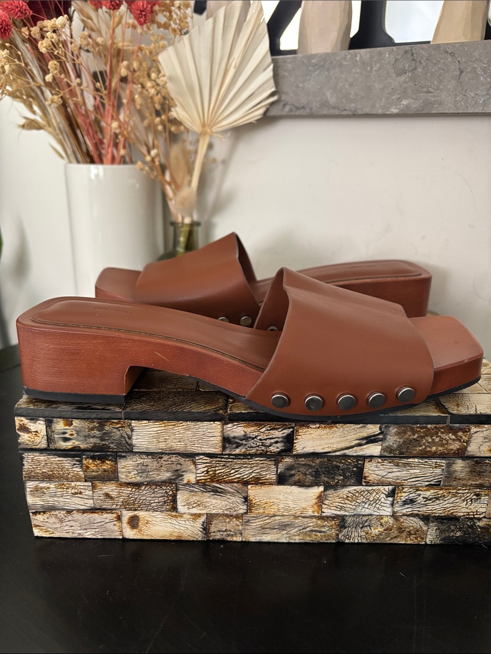 OAK + FORT (6) Square Toe Clog Wooden Mules Low Heel Metal Rivets Sandals Russet - Picture 10 of 16